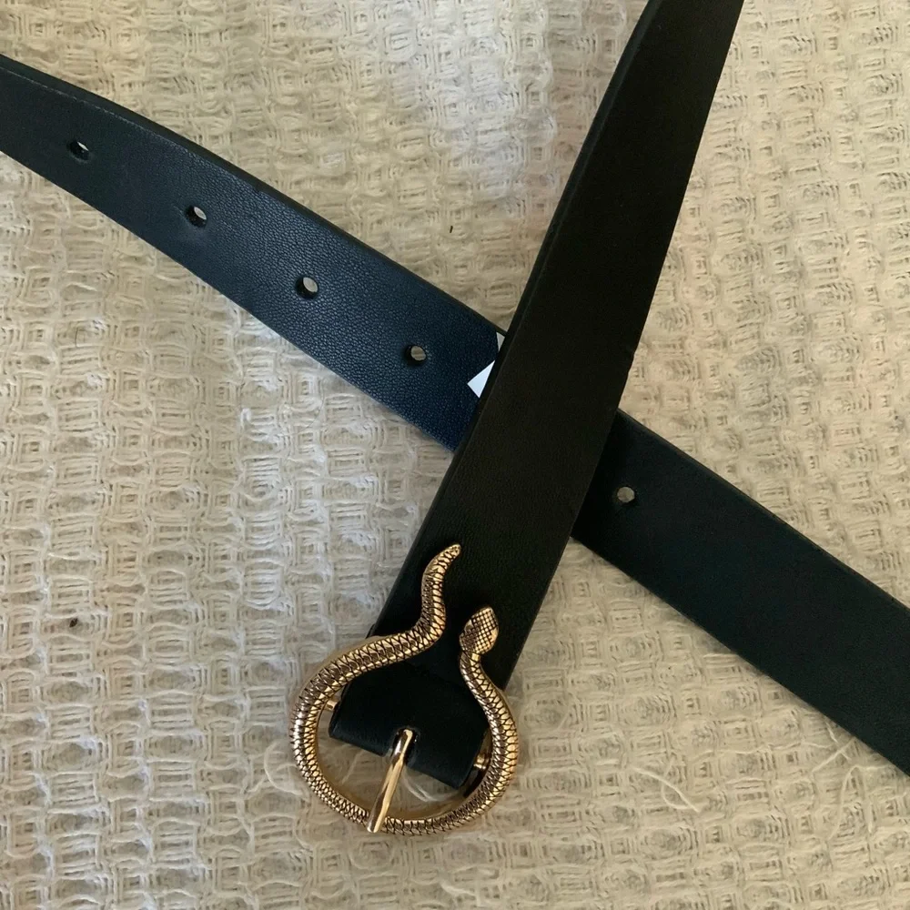 Express Black Leather Skinny Belt Gold Snake Buckle Women’s XS